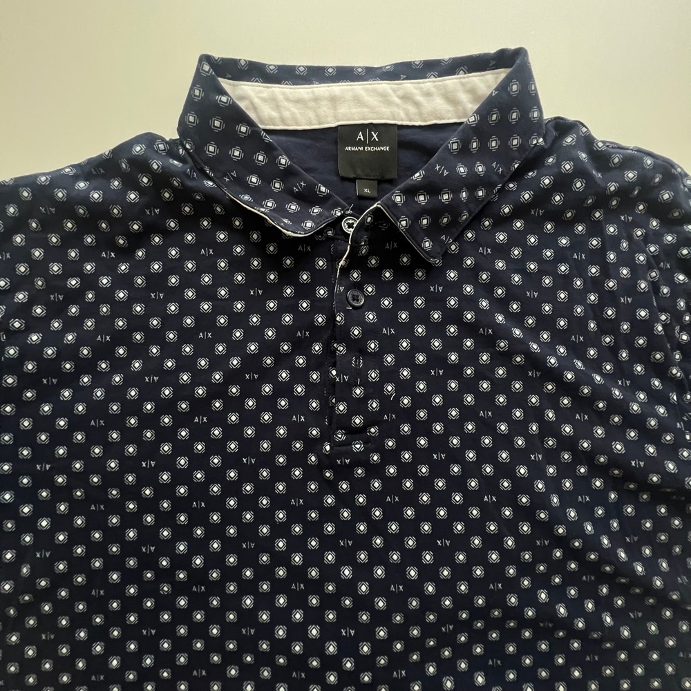 Armani Exchange Mens XL Navy Blue Geometric Logo Print Short Sleeve Polo Shirt